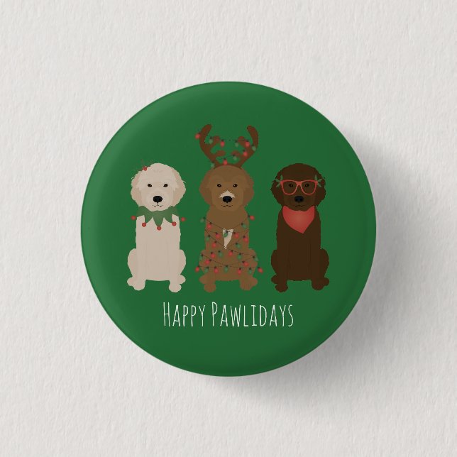 Chapa Redonda De 2,5 Cm Feliz Pawlidays Luces de Navidad Goldendoodle (Anverso)