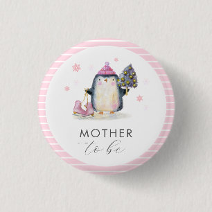 Chapa Redonda De 2,5 Cm Fiesta de Baby Shower de Mamá Pingüino de Invierno