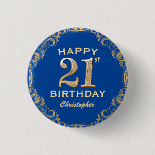 Chapa Redonda De 2,5 Cm Fiesta de cumpleaños 21 Navy Blue y Glitter dorado
