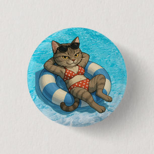Chapa Redonda De 2,5 Cm Fiesta de Cumpleaños de Gato en Piscina para Amant