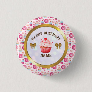 Chapa Redonda De 2,5 Cm Fiesta de Cumpleaños Feliz con Donut y Cupcake de 