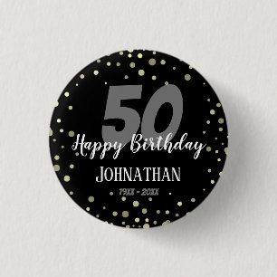 Chapa Redonda De 2,5 Cm Fiesta de cumpleaños número 50 con Confetti Blac