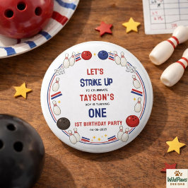 Chapa Redonda De 2,5 Cm Fiesta de cumpleaños número uno de Retro Bowling -