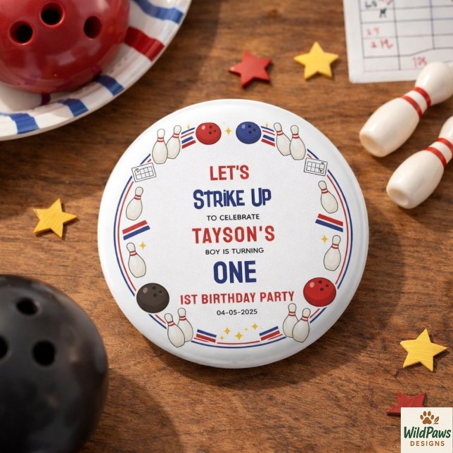 Chapa Redonda De 2,5 Cm Fiesta de cumpleaños número uno de Retro Bowling - (Retro Bowling 1st Birthday Party – Fun Kids Button
)
