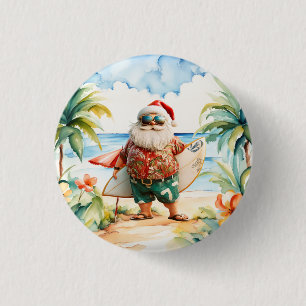 Chapa Redonda De 2,5 Cm Fiesta de Navidad en la Playa con Surf y Papá Noel