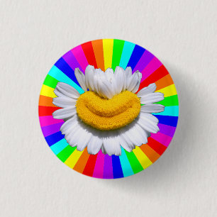 Chapa Redonda De 2,5 Cm Flor de manzanilla sonriente radiante Aura arcoíri