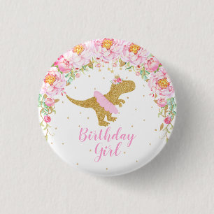 Chapa Redonda De 2,5 Cm Floral Dinosaur T-Rex Chica de cumpleaños invitado
