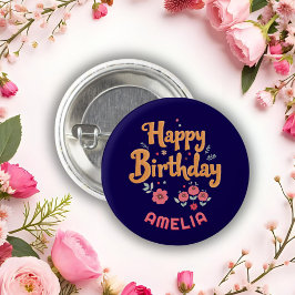 Chapa Redonda De 2,5 Cm Floral Flowers Happy Birthday Handlettering