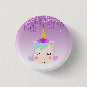 Chapa Redonda De 2,5 Cm Floral Unicornio, Purpurina de goteo morado