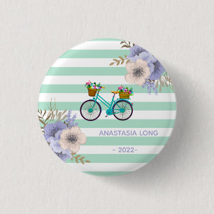 Chapa Redonda De 2,5 Cm Flores azules modernas en bicicleta