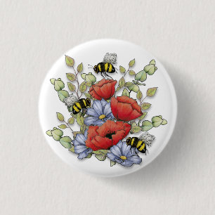 Chapa Redonda De 2,5 Cm Flores de amapola y dibujo digital de Botánica