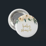 Chapa Redonda De 2,5 Cm Flores rosas boho y Baby Shower dorado<br><div class="desc">Un diseño bohemio con "baby ducha" en un guión dorado enmarcado por flores color agua rosa rosa y dorado pintado a mano. Este diseño es ideal para las duchas de temática floral o exterior.</div>
