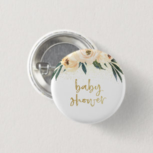 Chapa Redonda De 2,5 Cm Flores rosas boho y Baby Shower dorado