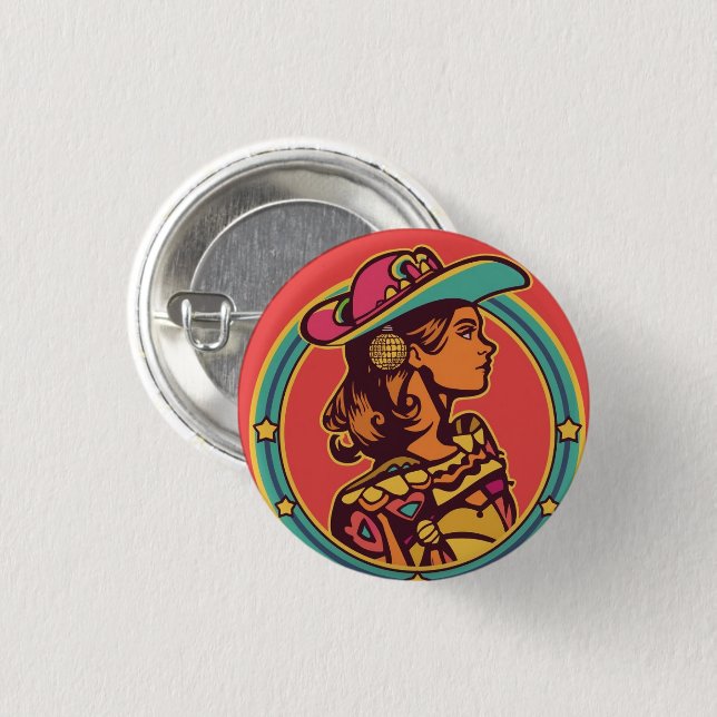 Chapa Redonda De 2,5 Cm Folkloric Cowgirl Button Pin – Retro Profile Desig (Anverso y reverso)