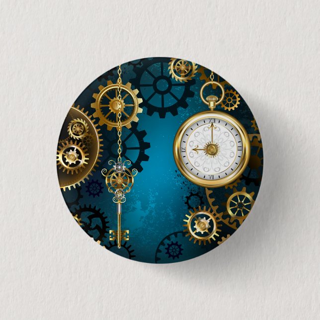 Chapa Redonda De 2,5 Cm Fondo turquesa de vapor con engranajes (Anverso)