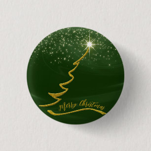 Chapa Redonda De 2,5 Cm Fondo Verde Espumoso Con Árbol De Navidad Dorado