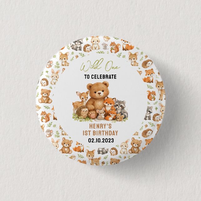 Chapa Redonda De 2,5 Cm Forest Woodland Animals Wild One 1st Birthday (Anverso)