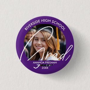 Chapa Redonda De 2,5 Cm Foto de graduado personalizada en morado y blanco