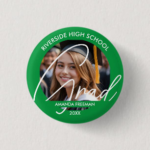 Chapa Redonda De 2,5 Cm Foto de graduado personalizada en verde y blanco m