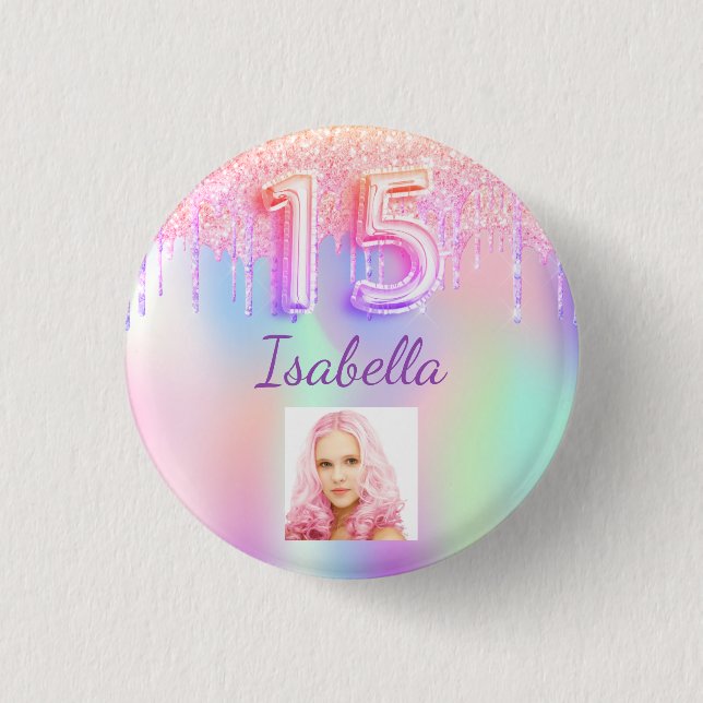Chapa Redonda De 2,5 Cm Foto de nombre holográfico rosa Quinceanera (Anverso)