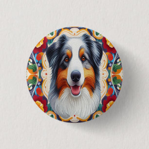 Chapa Redonda De 2,5 Cm Frontera colorida floral de perro pastor australia