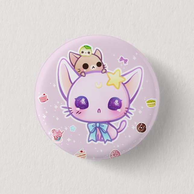 Chapa Redonda De 2,5 Cm Gatito de la estrella de Kawaii con las tortas (Anverso)