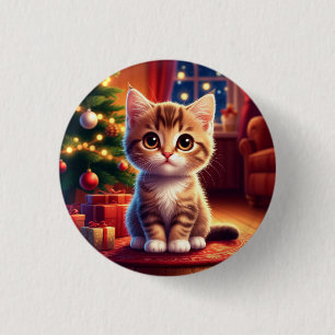 Chapa Redonda De 2,5 Cm Gatito sentado junto al árbol de Navidad brillante