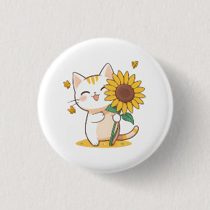 Chapa Redonda De 2,5 Cm Gato Adorable con Diseño Kawaii de Girasol