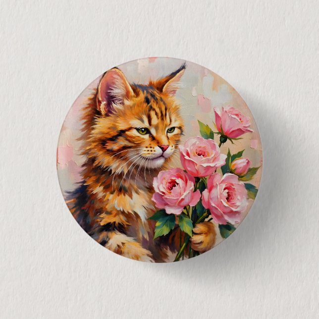 Chapa Redonda De 2,5 Cm Gato con Rosas (Anverso)