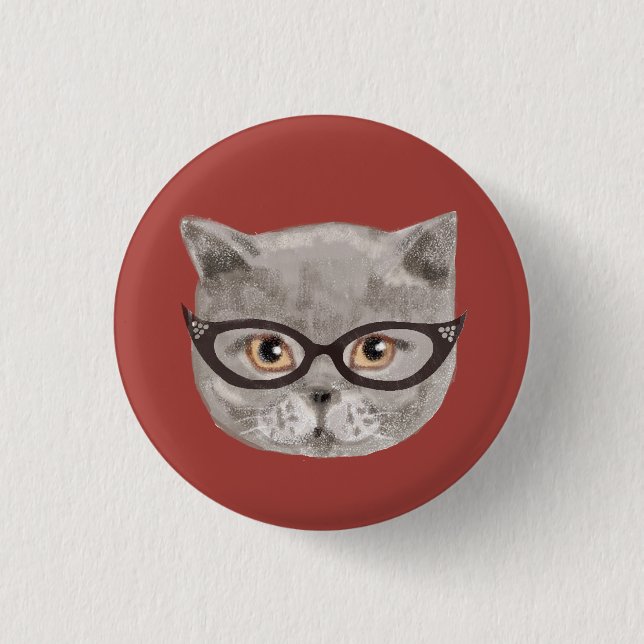 Chapa Redonda De 2,5 Cm Gato gris flojo con gafas (Anverso)