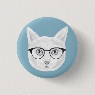 Chapa Redonda De 2,5 Cm Gato Hipster Blanco Viendo Gafas