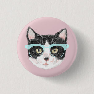 Chapa Redonda De 2,5 Cm Gato Hipster Geeky Negro y Blanco con lentes para 