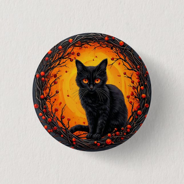 Chapa Redonda De 2,5 Cm Gato negro de Halloween con ojos brillantes (Anverso)