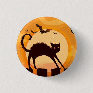Chapa Redonda De 2,5 Cm Gato negro de Halloween en la cerca