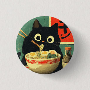 Chapa Redonda De 2,5 Cm Gato Negro Divertido Comiendo Ramen