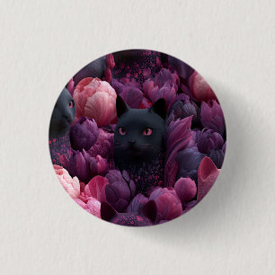 Chapa Redonda De 2,5 Cm Gato negro surrealista y patrón floral de peonía r