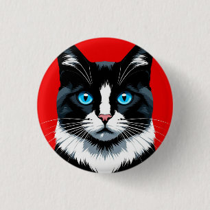 Chapa Redonda De 2,5 Cm Gato negro y blanco con ojos azules vibrantes