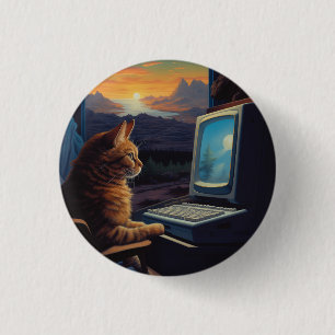 Chapa Redonda De 2,5 Cm Gato Retro Gamer   Juego de arte de píxeles de 8 b