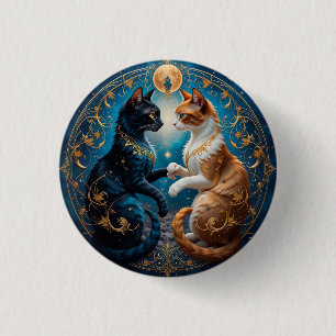 Chapa Redonda De 2,5 Cm Gatos Celestiales en Arte Cósmico con Oro y Azul