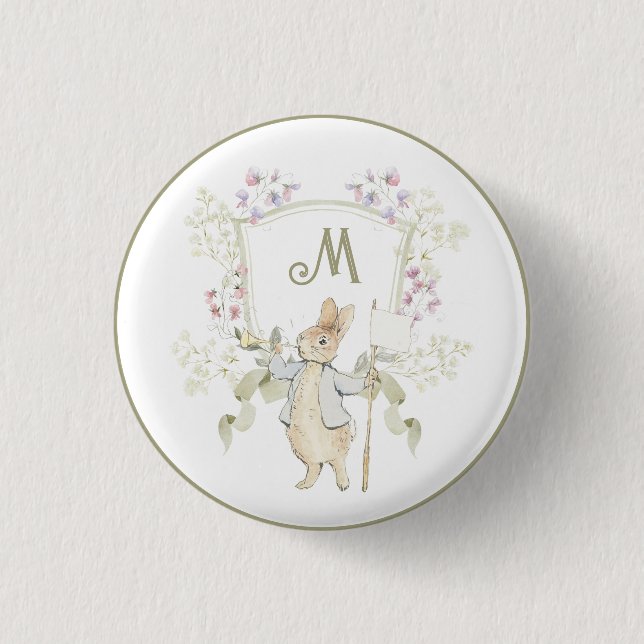 Chapa Redonda De 2,5 Cm Gingham Peter the Rabbit Blue Monograma Baby Showe (Anverso)