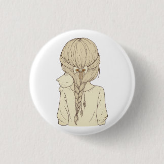 Chapa Redonda De 2,5 Cm Girl with Braid and Cat Illustration – Soft Pastel