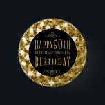 Chapa Redonda De 2,5 Cm Gold Diamonds Happy 50th Birthday Text<br><div class="desc">Glamorosos tonos dorados diamantes purpurina en el fondo,  círculo negro con purpurina dorado feliz 50 cumpleaños y nombre de persona de cumpleaños de personalizable. Puede solicitar este diseño en cualquier color para cualquier cumpleaños.</div>