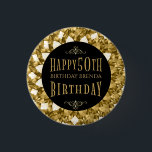 Chapa Redonda De 2,5 Cm Gold Diamonds Happy 50th Birthday Text<br><div class="desc">Glamorosos tonos dorados diamantes purpurina en el fondo,  círculo negro con purpurina dorado feliz 50 cumpleaños y nombre de persona de cumpleaños de personalizable. Puede solicitar este diseño en cualquier color para cualquier cumpleaños.</div>