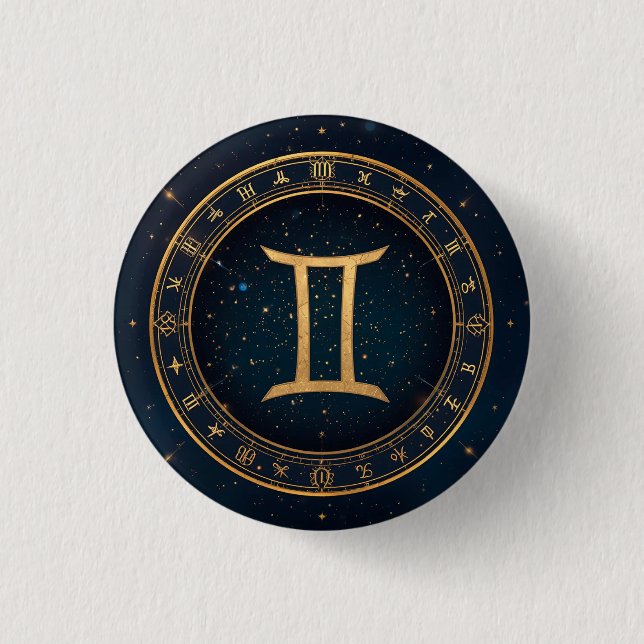 Chapa Redonda De 2,5 Cm Golden Gemini Zodiac Circle With Starry Night (Anverso)
