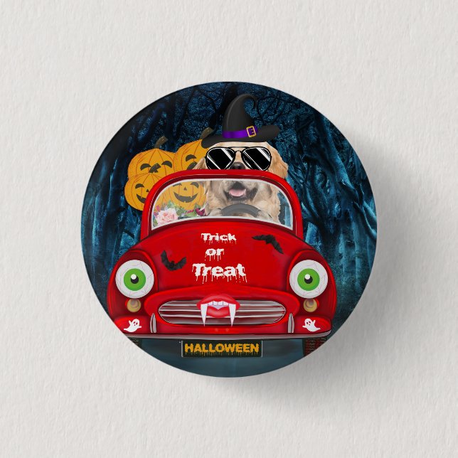 Chapa Redonda De 2,5 Cm Golden Retriever Dog Driing Car Sasuy Halloween (Anverso)