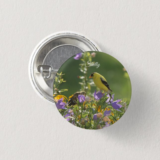 Chapa Redonda De 2,5 Cm Goldfinch en una flor harebell (Anverso y reverso)