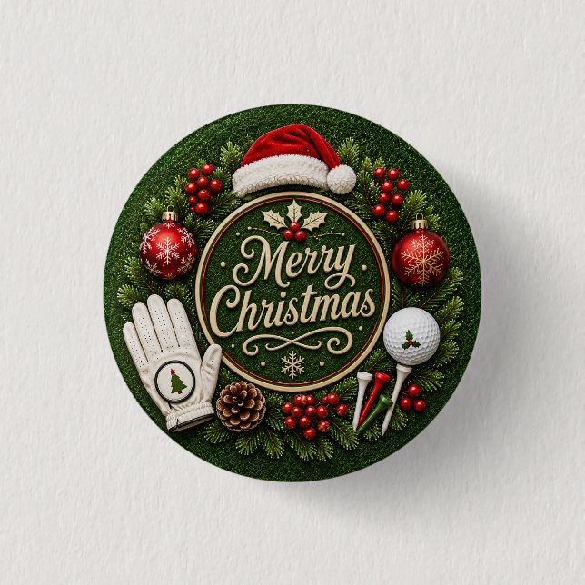 Chapa Redonda De 2,5 Cm Golf con tema de Navidad sobre hierba verde (Anverso)