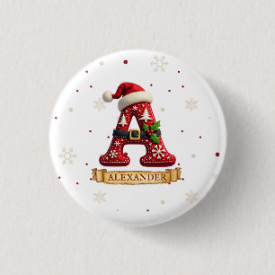 Chapa Redonda De 2,5 Cm Gorro de Santa Rojo Navidad Letra A Nombre