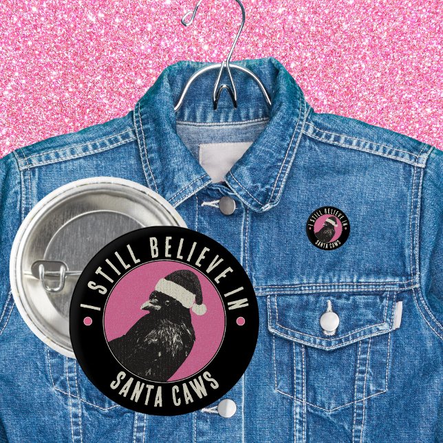 Chapa Redonda De 2,5 Cm Gothic Crow Santa Caws Pink and Black Holiday (This trendy pink and black gothic button pin features a Santa Caws sure to make them smile.)