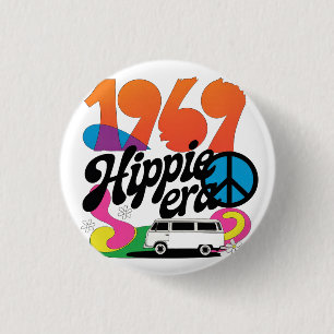 Chapa Redonda De 2,5 Cm Gráfico Retro de la Era Hippie 1969 con Símbolo de